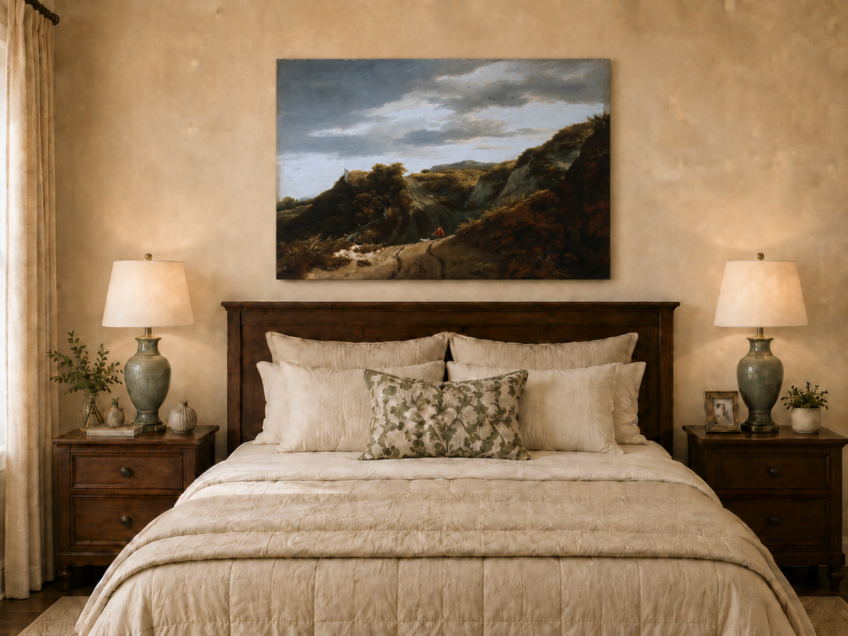 Peinture à l'huile de paysage - Chemin vallonné avec personnage et chien - Décoration murale