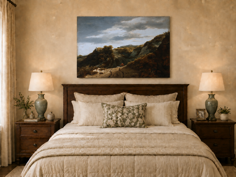Peinture à l'huile de paysage - Chemin vallonné avec personnage et chien - Décoration murale