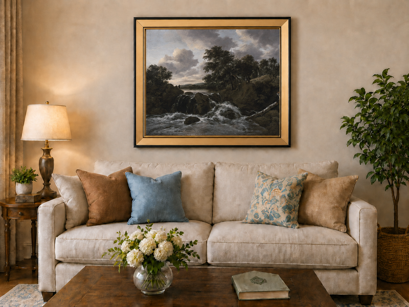 Landscape Oil Painting - Waterfall Scene with Figures and Trees