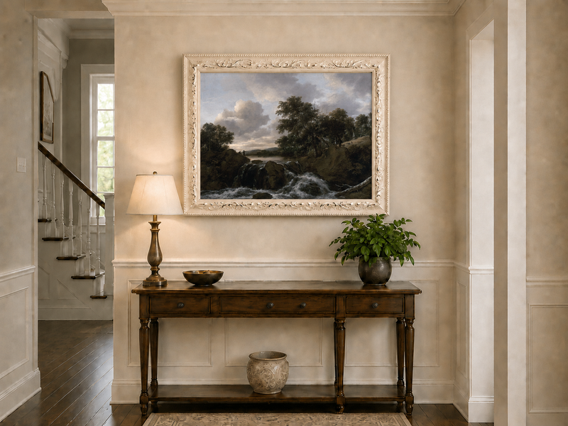 Landscape Oil Painting - Waterfall Scene with Figures and Trees