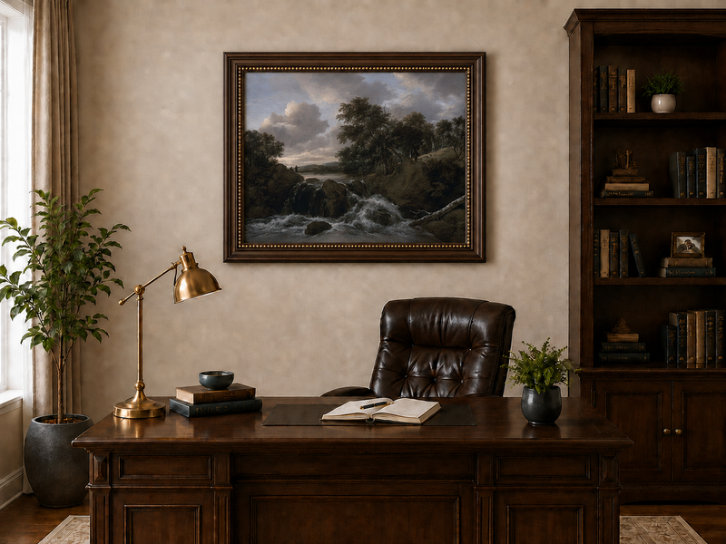 Landscape Oil Painting - Waterfall Scene with Figures and Trees
