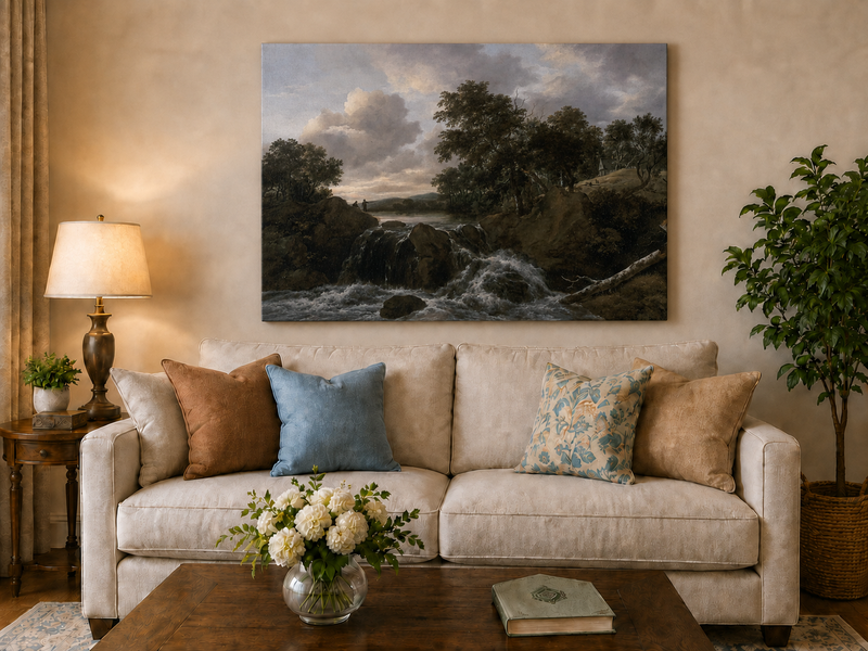 Landscape Oil Painting - Waterfall Scene with Figures and Trees