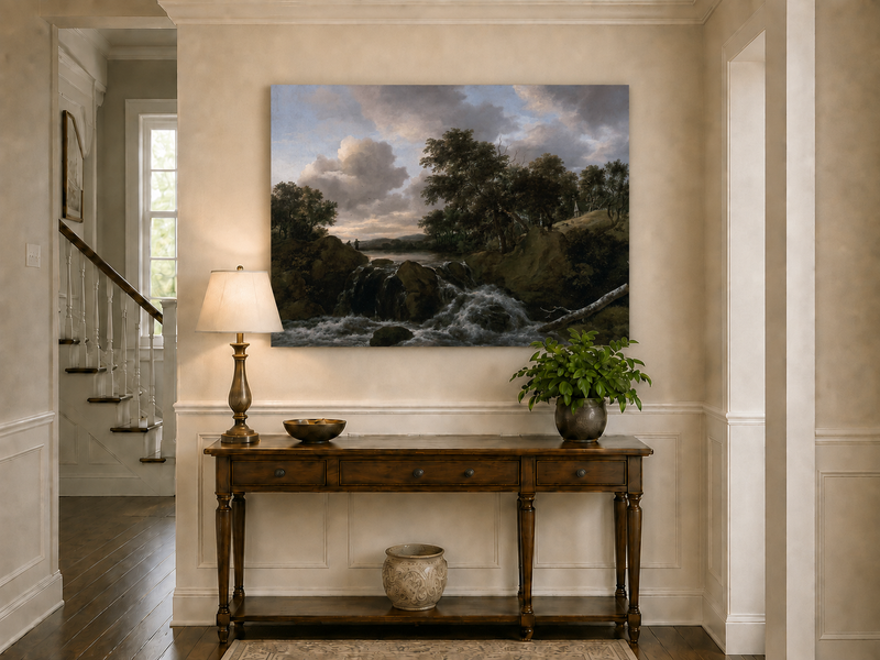 Landscape Oil Painting - Waterfall Scene with Figures and Trees