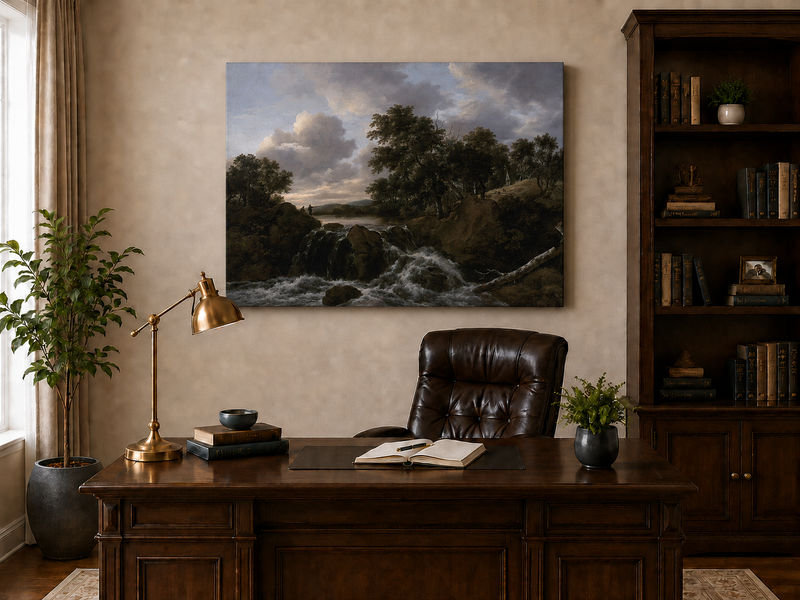 Landscape Oil Painting - Waterfall Scene with Figures and Trees