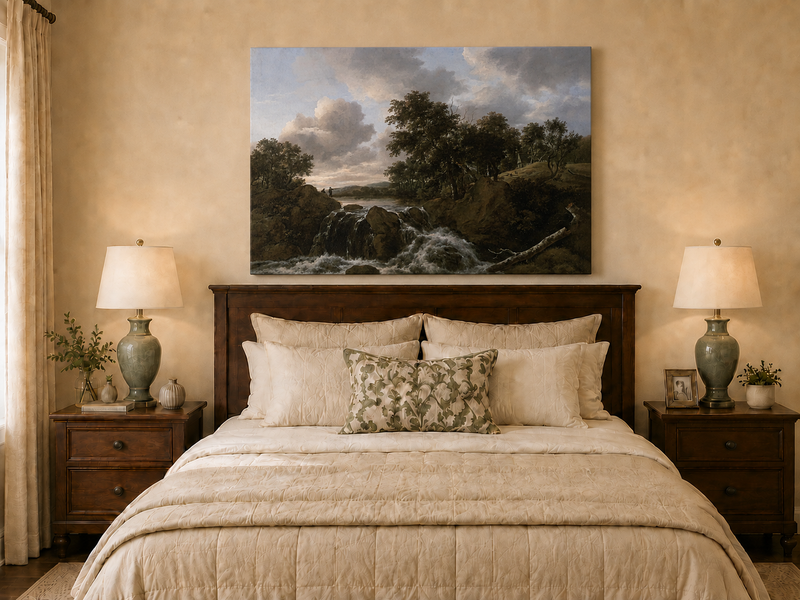 Landscape Oil Painting - Waterfall Scene with Figures and Trees