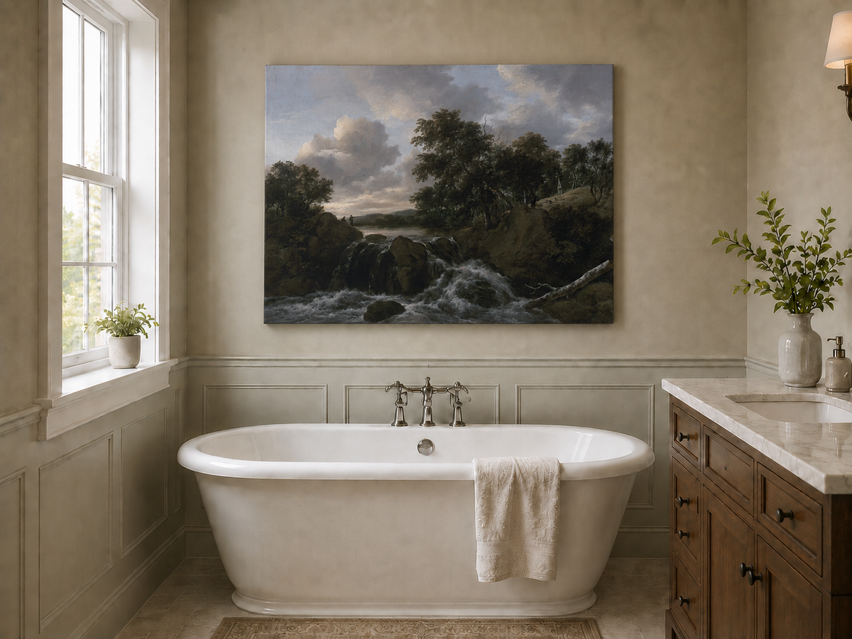 Landscape Oil Painting - Waterfall Scene with Figures and Trees