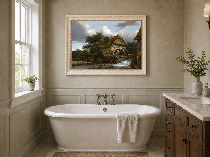 Landscape Oil Painting - Watermill by Stream with Trees