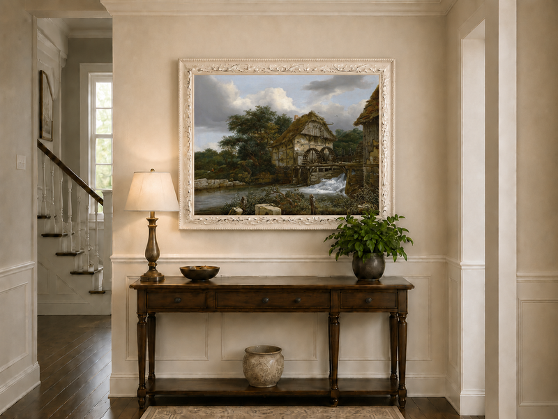 Landscape Oil Painting - Watermill by Stream with Trees