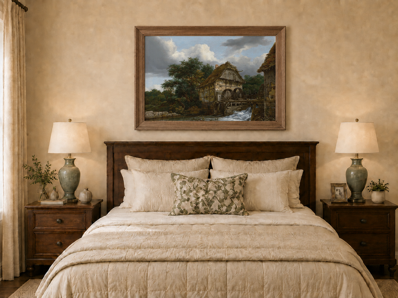 Landscape Oil Painting - Watermill by Stream with Trees