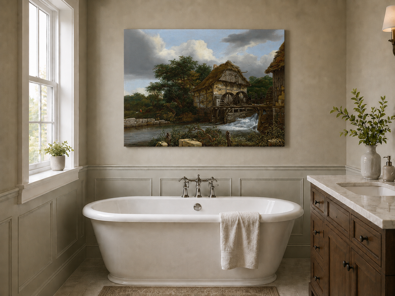Landscape Oil Painting - Watermill by Stream with Trees