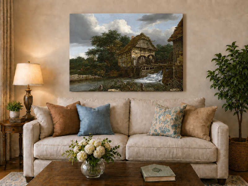 Landscape Oil Painting - Watermill by Stream with Trees