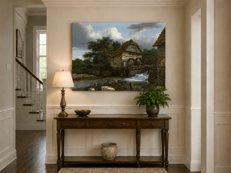 Landscape Oil Painting - Watermill by Stream with Trees