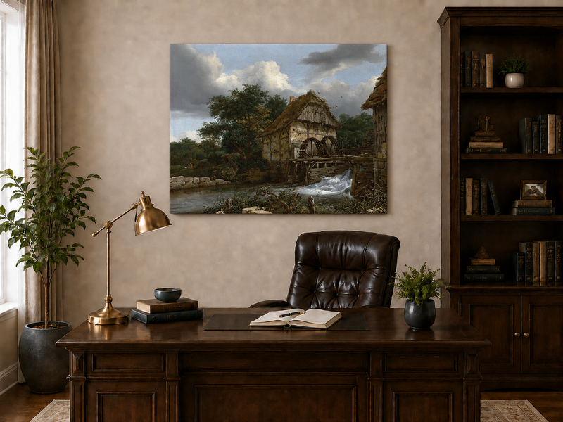 Landscape Oil Painting - Watermill by Stream with Trees