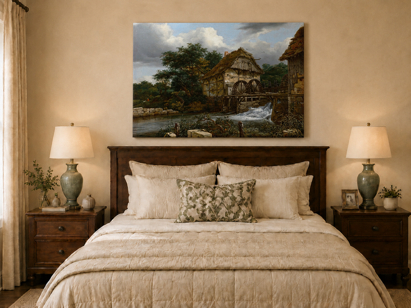 Landscape Oil Painting - Watermill by Stream with Trees