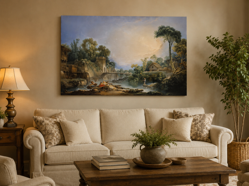 Peinture à l'huile de paysage - Scène de rivière hivernale avec personnages et chevaux