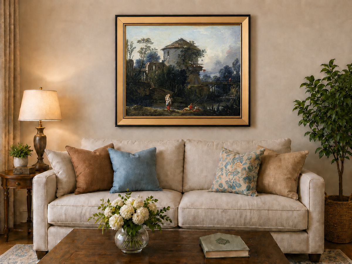 Landscape Oil Painting - Riverside Tower and Bridge Scene