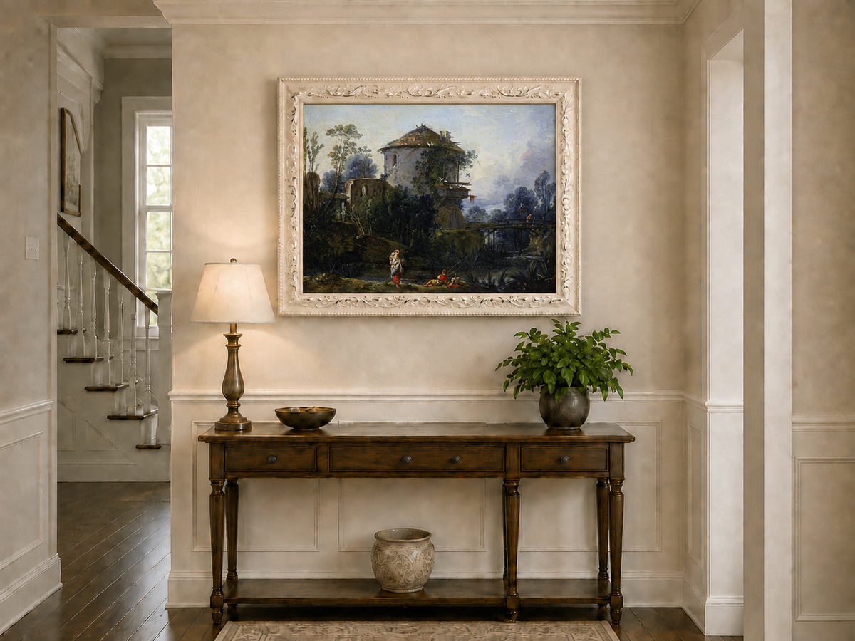 Landscape Oil Painting - Riverside Tower and Bridge Scene