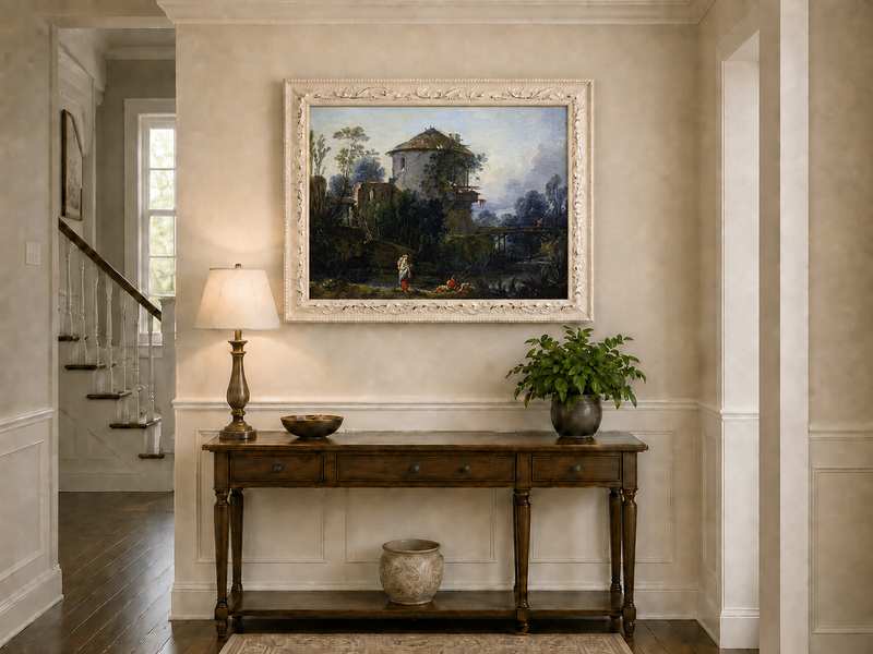 Landscape Oil Painting - Riverside Tower and Bridge Scene