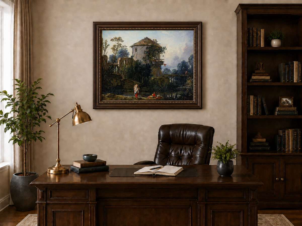 Landscape Oil Painting - Riverside Tower and Bridge Scene