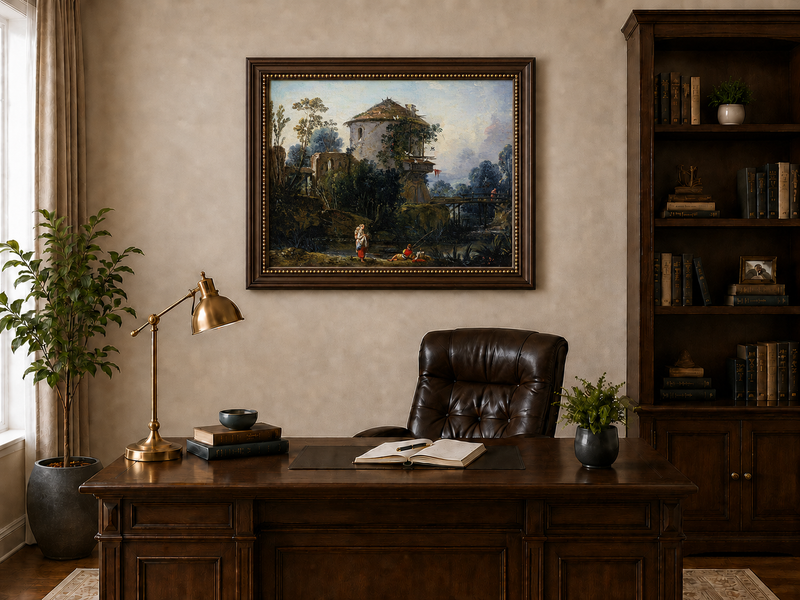 Landscape Oil Painting - Riverside Tower and Bridge Scene
