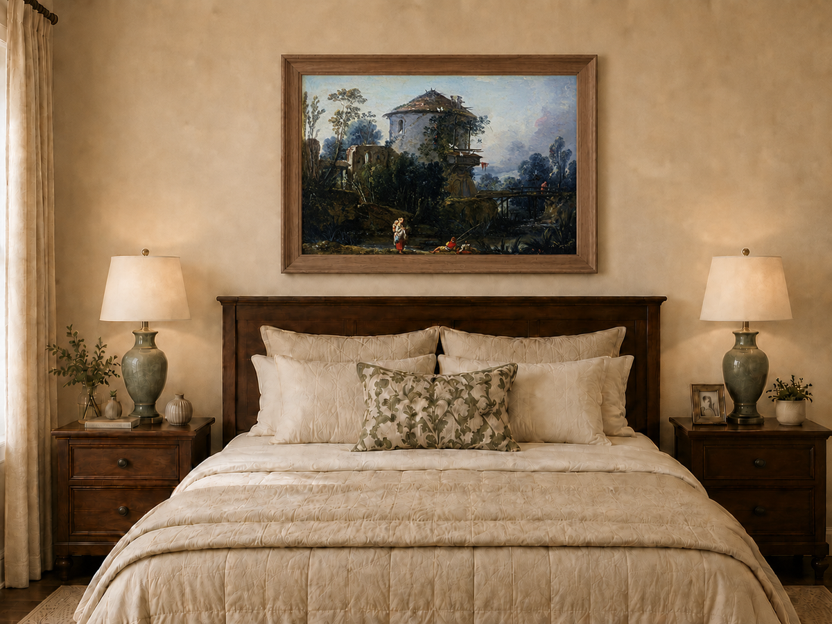 Landscape Oil Painting - Riverside Tower and Bridge Scene