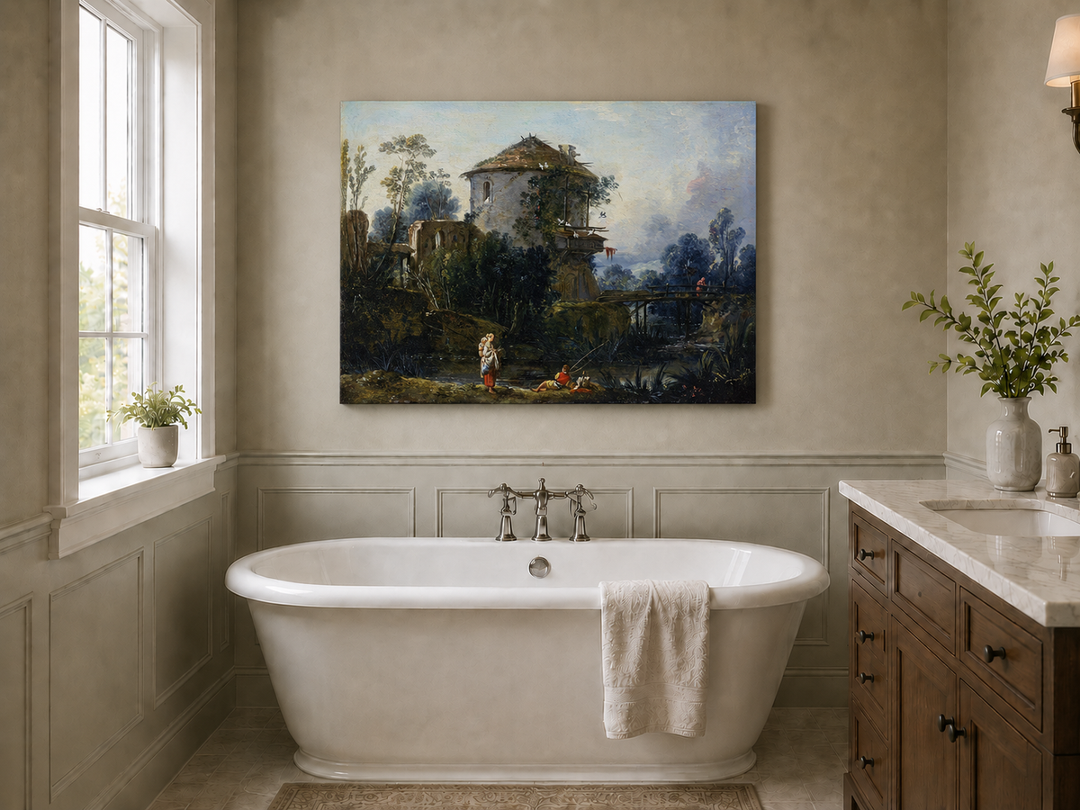 Landscape Oil Painting - Riverside Tower and Bridge Scene
