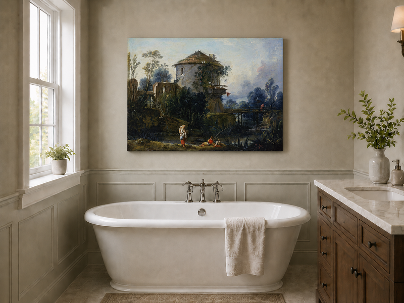 Landscape Oil Painting - Riverside Tower and Bridge Scene