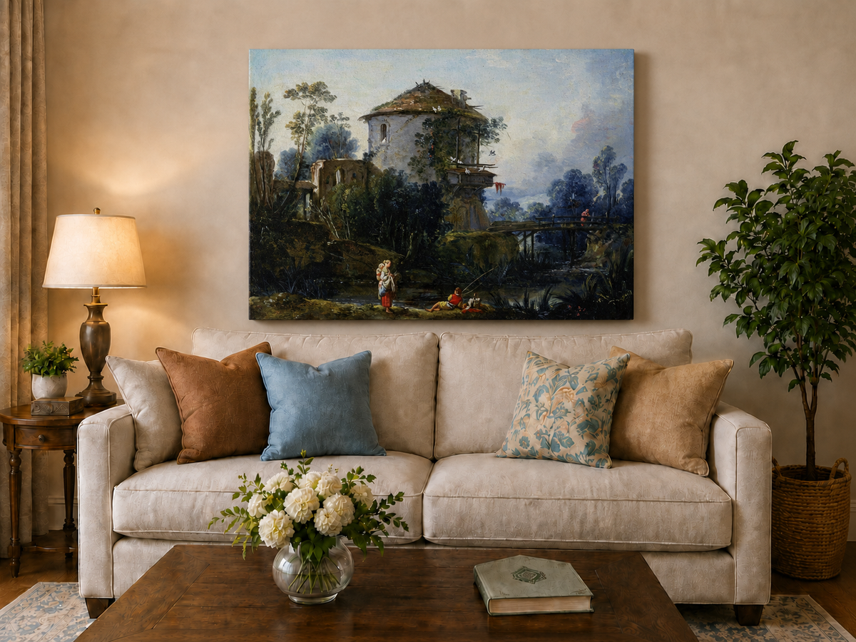 Landscape Oil Painting - Riverside Tower and Bridge Scene