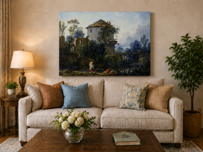 Landscape Oil Painting - Riverside Tower and Bridge Scene