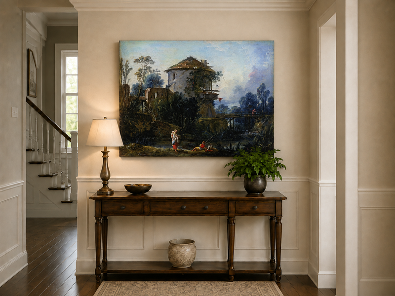 Landscape Oil Painting - Riverside Tower and Bridge Scene