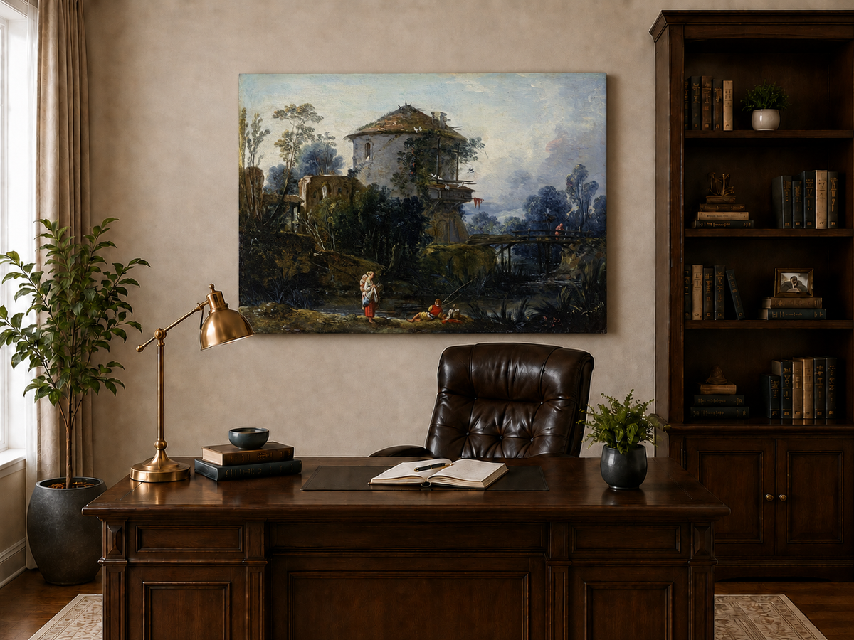 Landscape Oil Painting - Riverside Tower and Bridge Scene