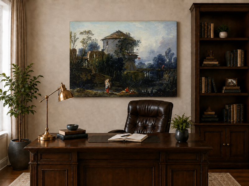 Landscape Oil Painting - Riverside Tower and Bridge Scene