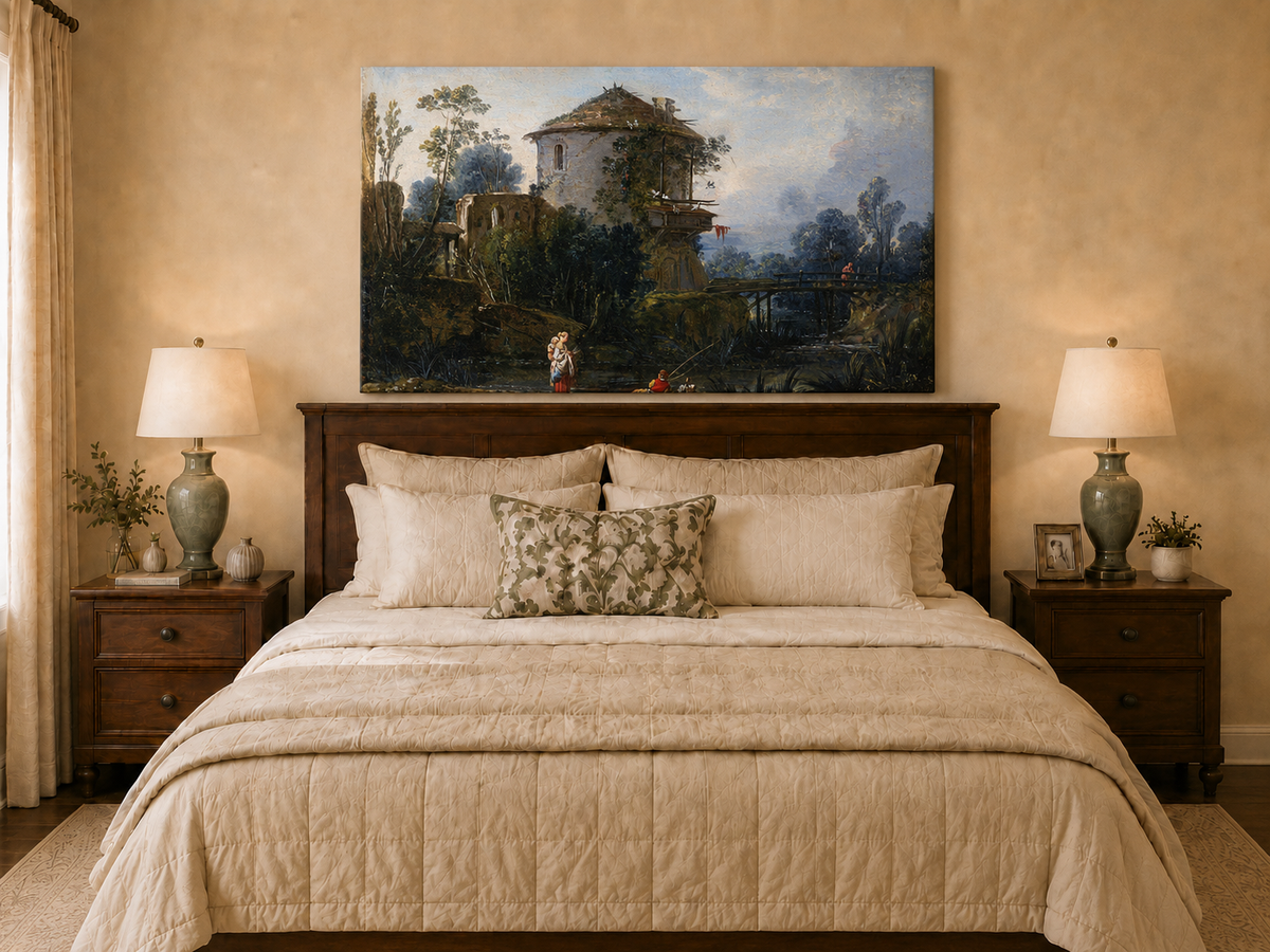 Landscape Oil Painting - Riverside Tower and Bridge Scene