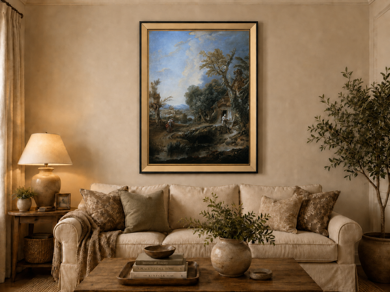 Peinture à l'huile de paysage - Rivière printanière avec pêcheur et arbres