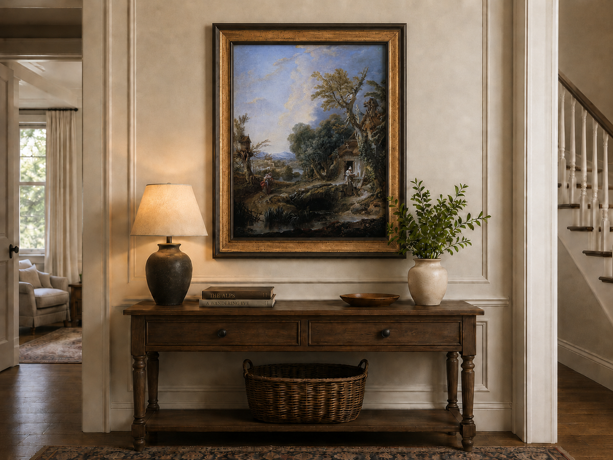 Peinture à l'huile de paysage - Rivière printanière avec pêcheur et arbres