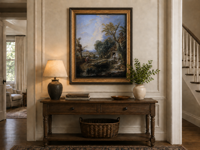 Peinture à l'huile de paysage - Rivière printanière avec pêcheur et arbres
