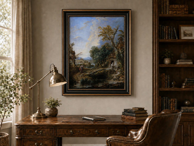 Peinture à l'huile de paysage - Rivière printanière avec pêcheur et arbres