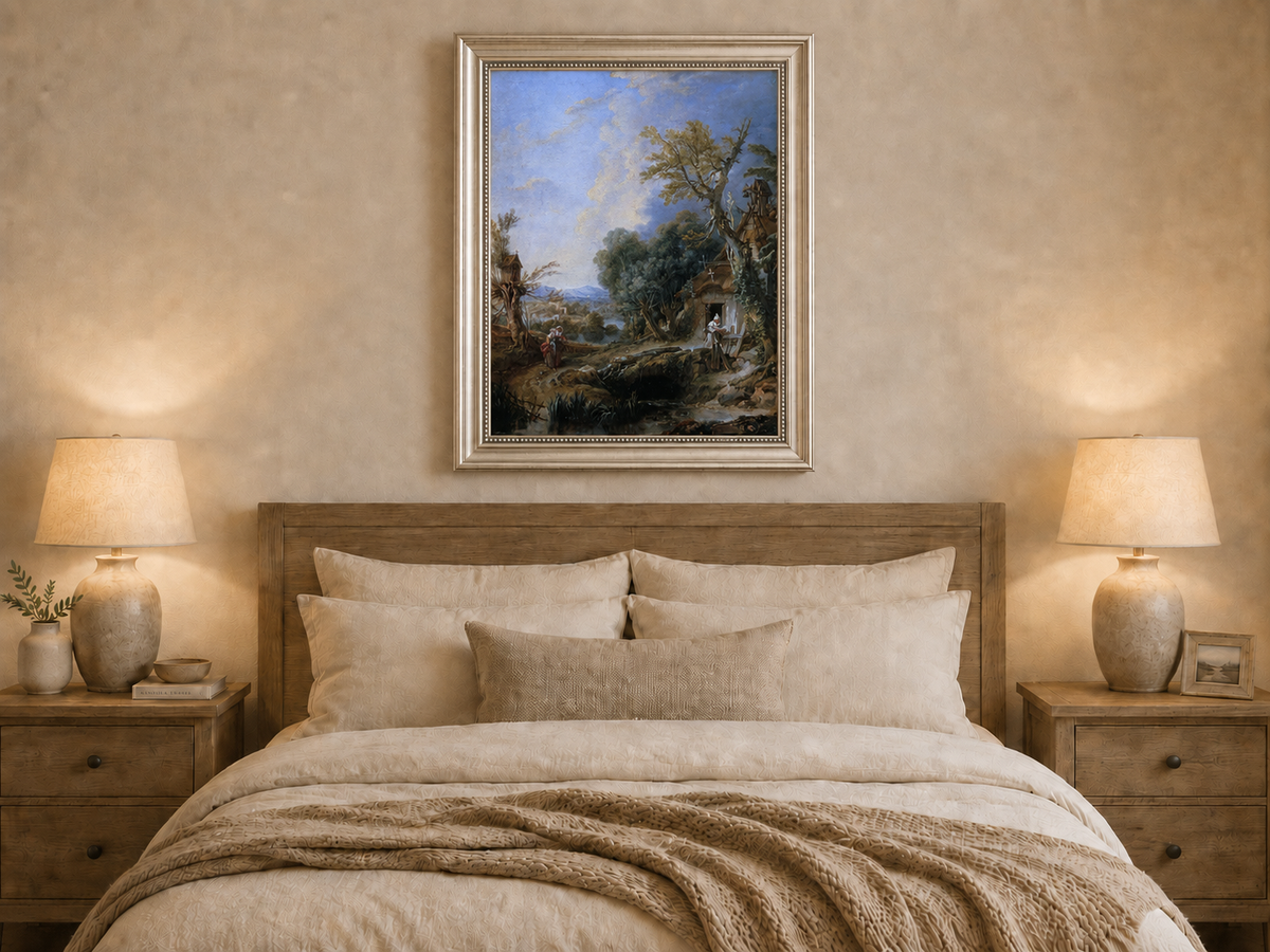 Peinture à l'huile de paysage - Rivière printanière avec pêcheur et arbres