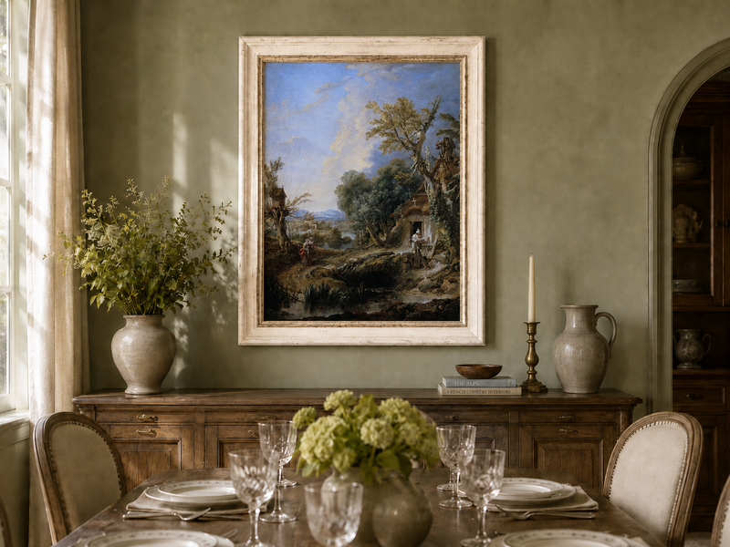 Peinture à l'huile de paysage - Rivière printanière avec pêcheur et arbres