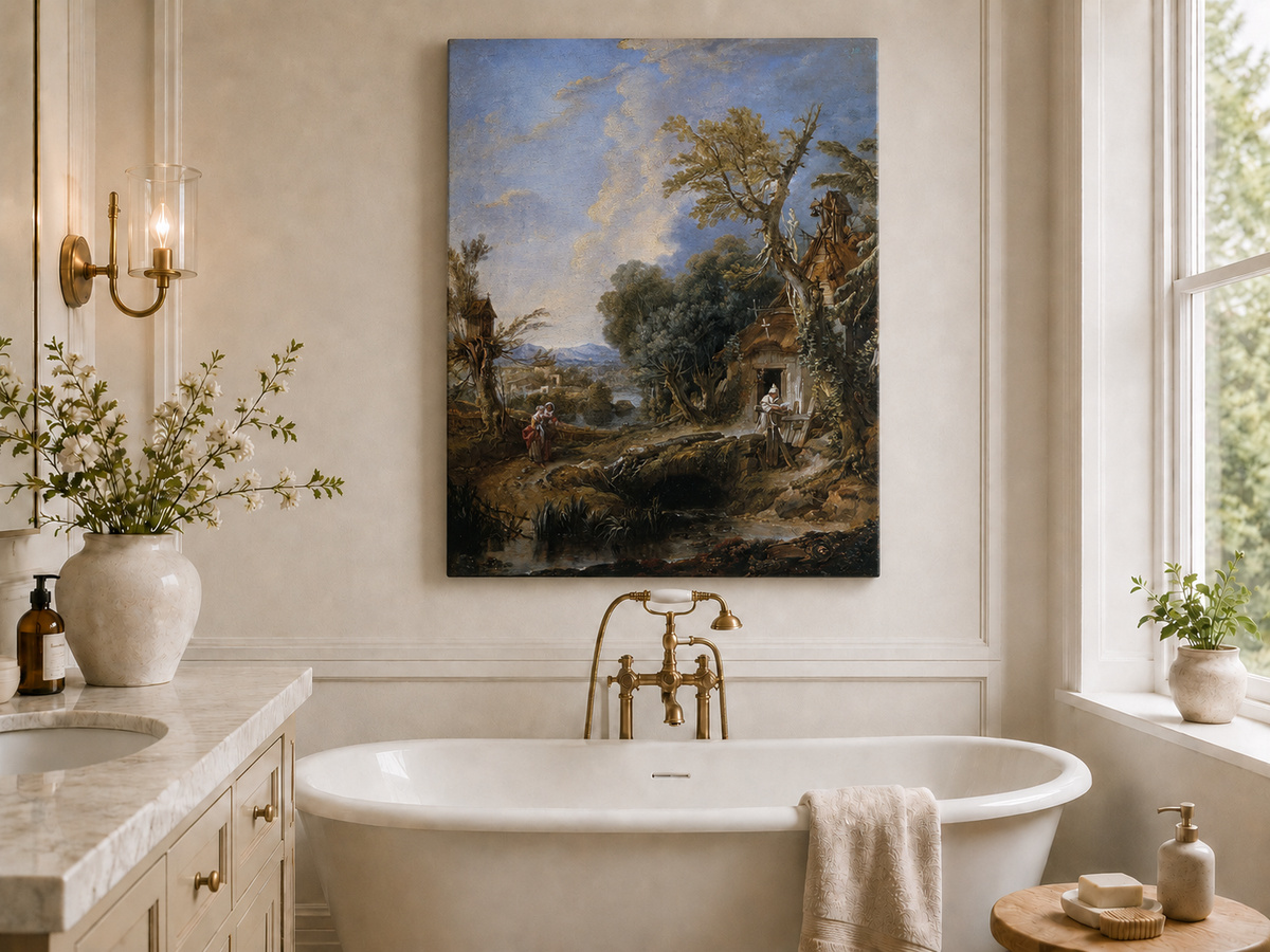 Peinture à l'huile de paysage - Rivière printanière avec pêcheur et arbres