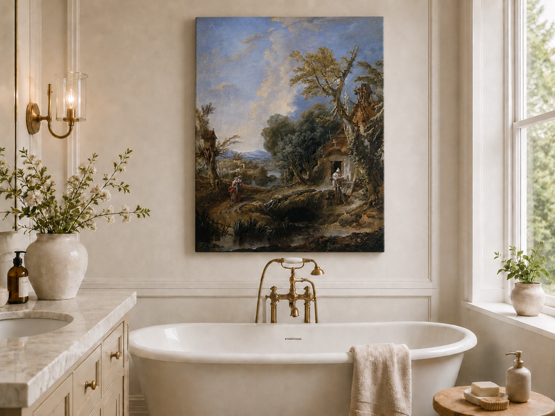 Peinture à l'huile de paysage - Rivière printanière avec pêcheur et arbres
