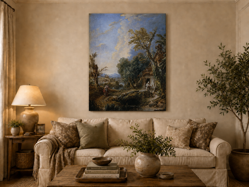 Peinture à l'huile de paysage - Rivière printanière avec pêcheur et arbres