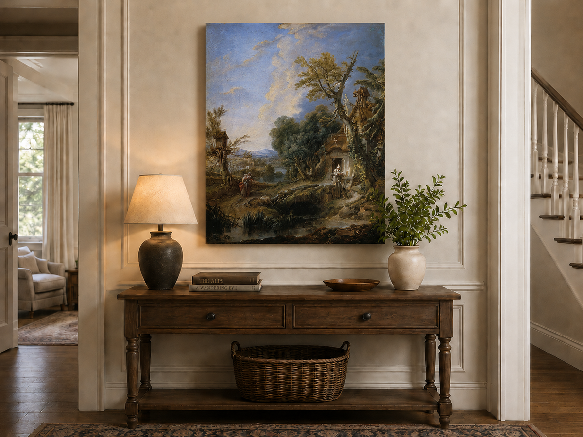 Peinture à l'huile de paysage - Rivière printanière avec pêcheur et arbres