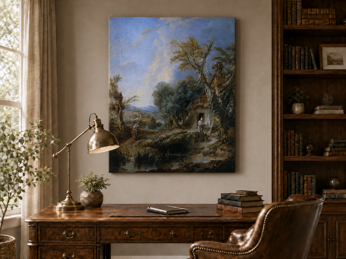 Peinture à l'huile de paysage - Rivière printanière avec pêcheur et arbres