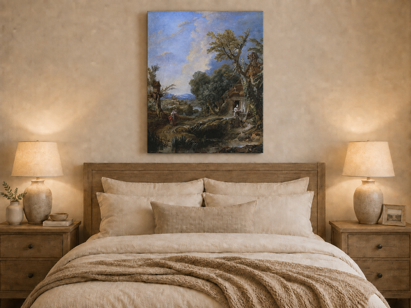 Peinture à l'huile de paysage - Rivière printanière avec pêcheur et arbres
