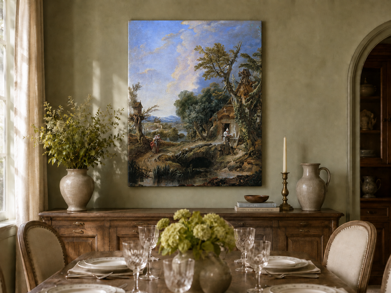Peinture à l'huile de paysage - Rivière printanière avec pêcheur et arbres