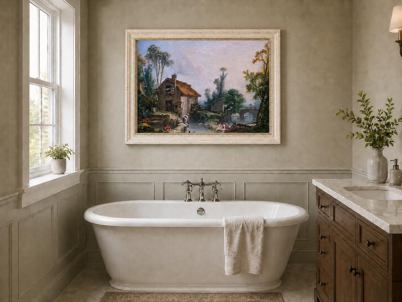 Landscape Oil Painting - Rustic Stream and Village Life Scene