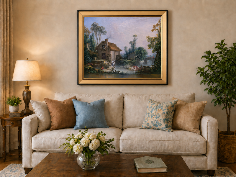 Landscape Oil Painting - Rustic Stream and Village Life Scene