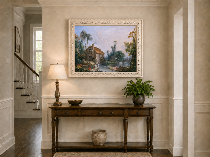 Landscape Oil Painting - Rustic Stream and Village Life Scene