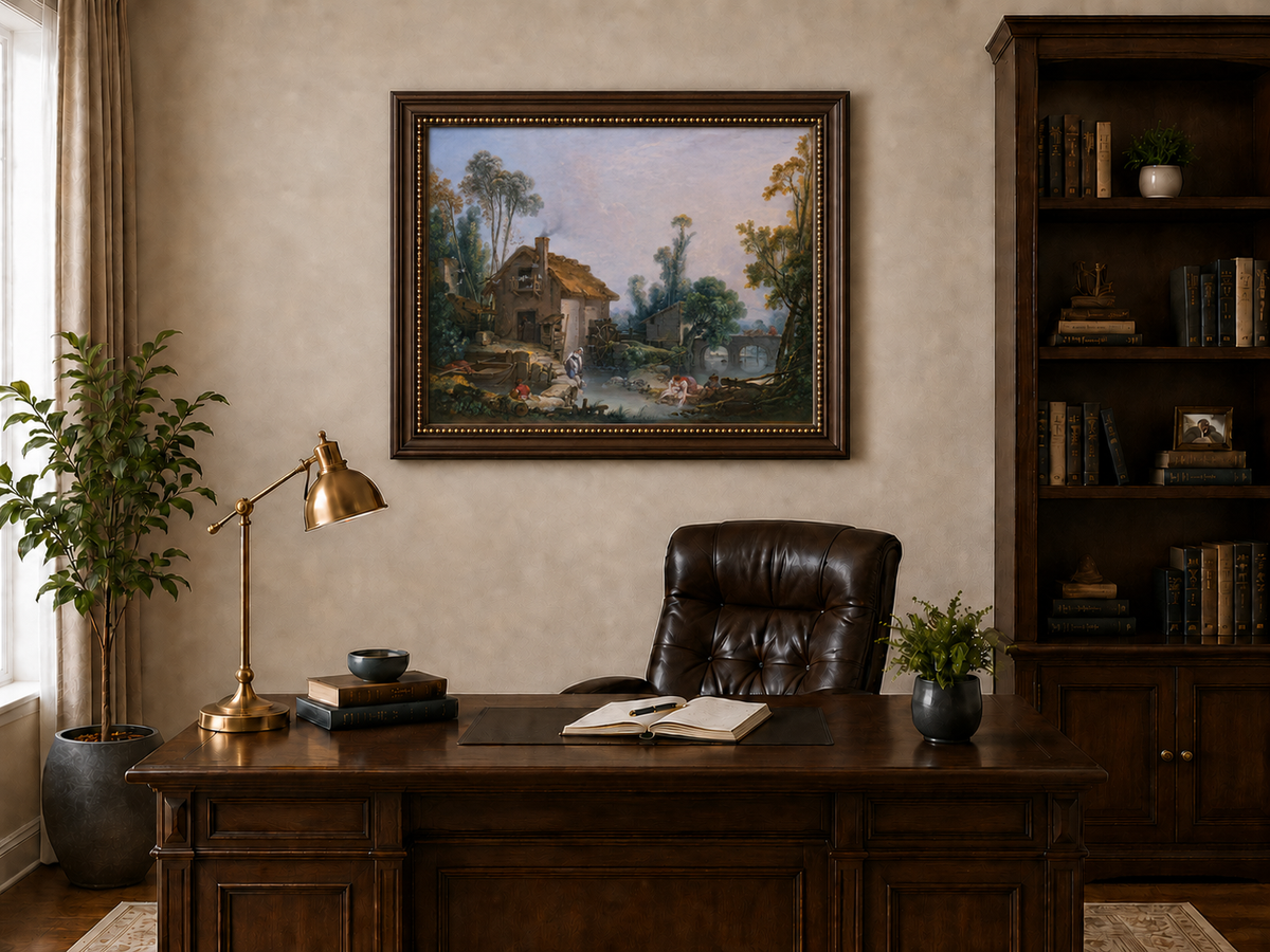 Landscape Oil Painting - Rustic Stream and Village Life Scene